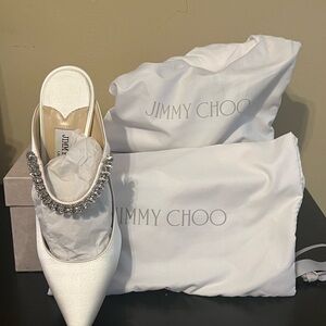 Jimmy Choo Ivory Satin Mules with Crystal Embellishment